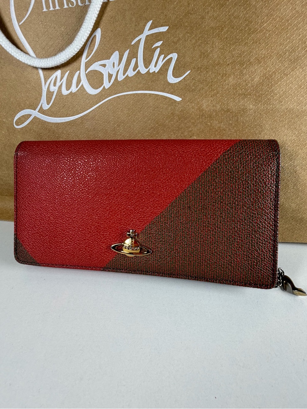 Vivienne Westwood Red and Brown Diagonal Colorblock Zip Wallet